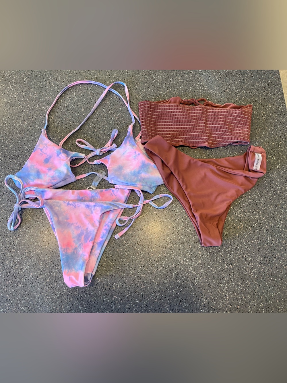 Zaful Pastel Pink & Blue Tie-Dye String & Brown Tube Top Bikini set bundle